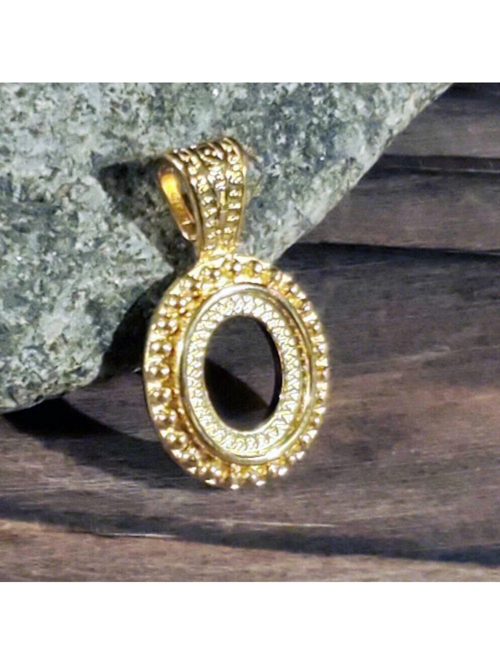 Gold 14K Plated Brass Fancy Dotted 12x10mm Oval Cabochon Pendant Setting